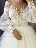 Beach Wedding Dress A-Line Long Puff Sleeve Sheer Illusion Back Lace Appliques Bride Gown Vestido De Noiva
