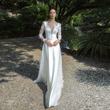 V-Neck Long Sleeves Lace Appliques Wedding Dress 2023 Boho White Satin Sweep Train Backless Bridal Gown With Bow Belt