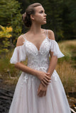 Off the Shoulder Wedding Dresses V-neck Beading Straps 3D Flowers Appliques Open Back Bridal Gowns Robe de Mariee