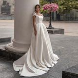Wedding Dress For Women Elegant Cap Sleeve Scoop Neck Flowers Court Train A Line Bridal Gown with Pockets Robe De Mariee
