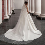 Wedding Dress For Women Elegant Cap Sleeve Scoop Neck Flowers Court Train A Line Bridal Gown with Pockets Robe De Mariee
