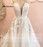 Deep V Neck Weddding Dresses Vestido De Novia Lace Appliques A Line Open Back Sweep Train Bridal Gown abito da spos