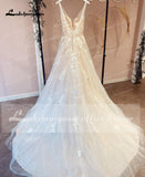 Floral Appliques Wedding Dresses 2023 V Neck Backless A-Line Court Train Tulle Bridal Gowns Vestido Robe Mariee