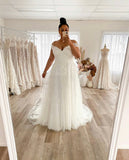 Plus Size A-Line Off Shoulder Lace Applique Wedding Dress Tulle Backless Robe De Mariée Orienta Bridal Gown Custom Made 925