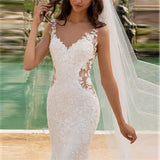 Tulle Sleeveless Mermaid Wedding Dress Charming V-Neck Lace Appliques Illusion Backless Bridal Gown Vestido De Novia