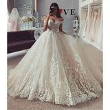 Chic Ivory Lace Appliques BallGown Wedding Dresses Sweetheart Off Shoulder Short Sleeves BOHO Bridal Gowns With Lace Up