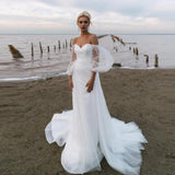 Sparkly Sequin A Line Beach Wedding Dress Puff Elegant Long Sleeves Sweetheart Tulle Backless Bride Dress Robe De Mariee