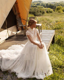 Boho Lace Tulle High Neck Wedding Dress 2023 Cap Sleeves A-Line Bohemian Bridal Gown Vintage Elegant Robe De Mariée