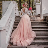 Sleeves Pink Wedding Dresses V Neck Lace Appliques Sweep Train A Line Open Back Bridal Gowns Married Vestidos de Noivas
