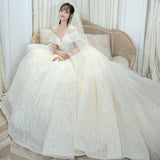 New Shining Sequins Luxury Wedding Dress With Sweep Train Elegant Boat Neck Off The Shoulder Ball Gown Vestido De Noiva