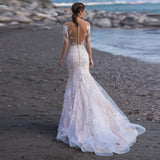 Long Sleeves Mermaid Tulle Wedding Dress Elegant V-Neck Lace Appliques Illusion Back With Button Bridal Gown Custom Made