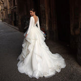 White V-Neck Ball Gown Long Sleeves Satin Wedding Dress For Women 2023 Vintage Illusion Back With Button Custom Made