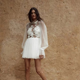 Wedding Dresses O-Neck Long Puff Sleeves Pearls Flowers Mini Bride Dresses Sexy Backless Illusion Formal Wedding Gowns