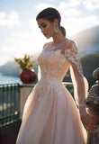 Champagne A Line Wedding Dresses with Puff Sleeves Sheer Scoop neck Lace Appliques Buttons Back Formal Bridal Gowns