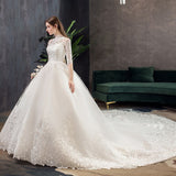 Vestido de Noiva Half Sleeve Royal Train Custom Wedding Dress High Neck Applique Lace Bridal Ball Gown Dress Robe De Mariee 925