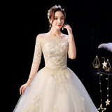 Dress 2023 The Elegant Boat Neck Sweep Train Princess Wedding Gowns Champagne Lace Plus Size Wedding Dresses F