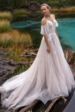 Off the Shoulder Wedding Dresses V-neck Beading Straps 3D Flowers Appliques Open Back Bridal Gowns Robe de Mariee