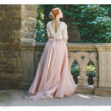 Sleeves Pink Wedding Dresses V Neck Lace Appliques Sweep Train A Line Open Back Bridal Gowns Married Vestidos de Noivas