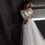 Tulle Scoop Wedding Dress Simple Long Sleeves A-Line Lace Appliques Illusion Back With Button Bridal Gown Custom Made