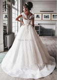 Bling Ball Gown Wedding Dresses Nude Tulle Neck Cap Sleeves Lace Applique Corset Buttons Sweep Train Bridal Gowns