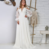 Bridal Boho Bohemian White Chiffon Wedding Dress A Line Lace Full Sleeve Long Floor Length Bridal Gowns Low Back Robe De
