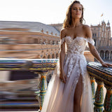 Lace Appliques Tulle Wedding Dress For Women 2023 Sexy Beach Off The Shoulder High Side Split A-Line Backless Bridal Gown