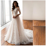 Elegant 3/4 Sleeve Wedding Dress 2023 A-Line Lace Appliques Button Belt Train Tulle Bridal Gown Vestidos De Noiva