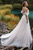 Off the Shoulder Wedding Dresses V-neck Beading Straps 3D Flowers Appliques Open Back Bridal Gowns Robe de Mariee