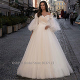 Wedding Dresses with Detachable Puffy Sleeves Lace Appliques Pleated Long Boho Wedding Gown Champagne Bride Dress