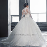 High end Shiny Arab Lace Applique Wedding Dress Back Button Design Transparent Tulle Long Sleeve High Neck Dubai Robe De