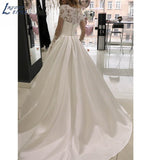 O Neck Elegant Satin Wedding Dresses Long Sleeve Lace Appliques Sweep Train Vestidos De Novia Custom Made Bridal Gowns