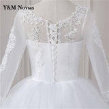 Video Cheap Luxury Pearls Ball Gowns O-Neck Off White Tulle Bridal Dress For Wedding Dresses with Sleeve Plus Size Custome