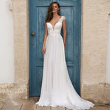 V-Neck Chiffon Wedding Dress Lace Cap Sleeve Open Back Sweep Train Bridal Gowns For Women Custom Made Vestido De Novia