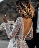 V- Neck Sequins Wedding Dresses Long Sleeves Floor Length Backless Bridal Gowns Robe De Marié