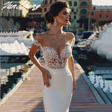 O-Neck Wedding Dresses Lace Appliques Sexy Mermaid Short Sleeve Bride Gown Vestidos Illusion Backless Zipper De Noiva