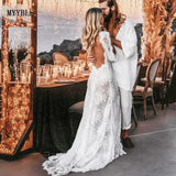 Bohemian Wedding Dresses Lace V-Neck Elegant Wedding Gown Boho Beach Bridal Dress Long Sleeves Open Back Vestido Novia 925