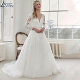 NICEB Long Sleeve Appliques Wedding Dress For Women V Neck Lace robe de mariée bohème Bride Tulle Train Custom Made