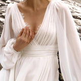 Elegant White A-Line Wedding Dresses Puff Sleeve V-Neck Bridal Gowns Boho Beach Lace High Split Wedding Prom Gowns Plus Size