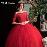 Boat Neck Vestido De Noiva 2023 New Red Wedding Dress with Sleeve Lace UP Appliques Plus Size Simple Bride Ball Gown