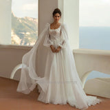 Strapless A-Line Wedding Dresses Long Puff Sleeves Beading Lace Appliques Princess Bridal Gowns
