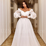 Elegant A-Line Wedding Dresses White Puff Sleeve Appliques Bridal Gowns Boho Beach Tulle Evening Wedding Gowns Custom Size