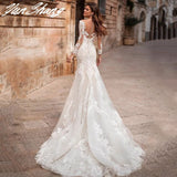 V-Neck Mermaid Wedding Dress 2023 Long Sleeve Lace Appliques Bride Gown Backless Train Illusion Vestidos De Noiva