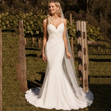 YunShang Sexy V-Neck Wedding Dress Beading Spaghetti Straps Pleat Beach Mermaid Bride Gown Backless Train Vestido De Novia