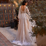 NICEB Boho Vintage Wedding Dress Lantern Sleeves Lace Backless Bride Gown Illusion O-Neck Tulle Vestido De Fiesta De Boda