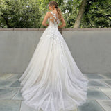 Button Tulle Floor Length Wedding Dress A-Line O-Neck Tank Lace Appliques Weep Train Elegant Bride Gown 2023 Customized