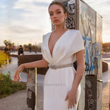 Deep V-Neck Mermaid Wedding Dresses Flare Sleeve Lace Appliques Bridal Gowns Customizable Vestido De