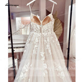 Vintage Champagne Tulle Wedding Dress 2023 A-Line Lace Appliques V Neck Backless Bridal Gown abito da sposa