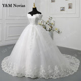 Novias Off Shoulder Plus Size Vestido De Noiva 2023 Wedding Dress Long Train or Floor Appliqes Pearls Bridal Tulle Mariage
