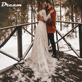 Long Sleeves Floral Lace V Neck Boho Wedding Dress Deep V Neck Open Back Modest Rustic Civil Bridal Gown