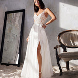 V-Neck Front High Split Wedding Dresses For Women Custom Made 2023 Lace Appliques Chiffon Spaghetti Straps Bridal Gown